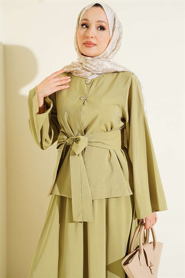 Tencel Skirt 2 Piece Set with Double Gold Buttons, Olive Green