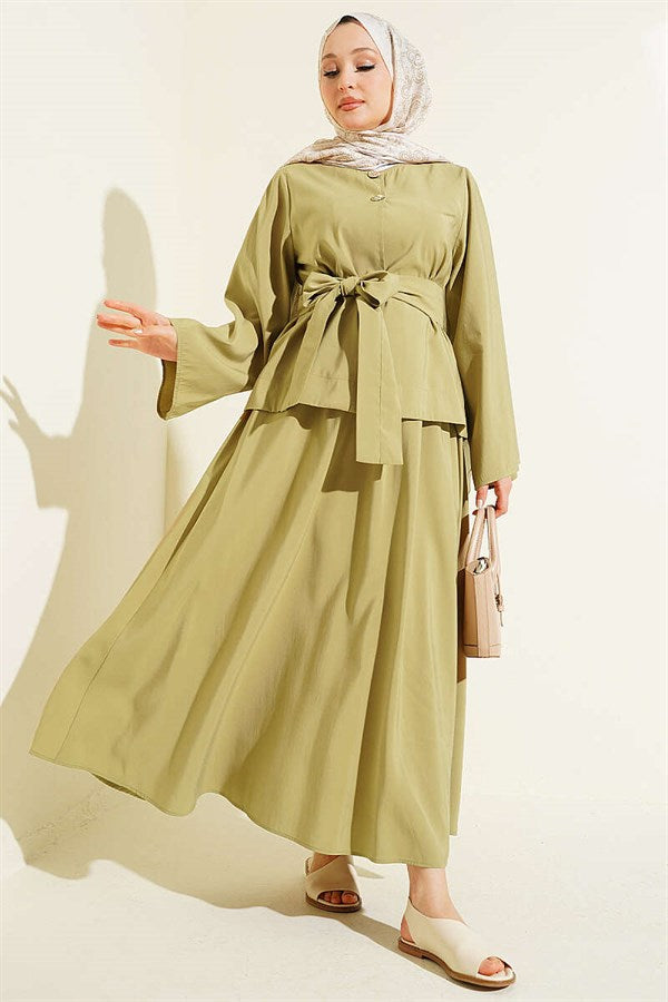 Tencel Skirt 2 Piece Set with Double Gold Buttons, Olive Green