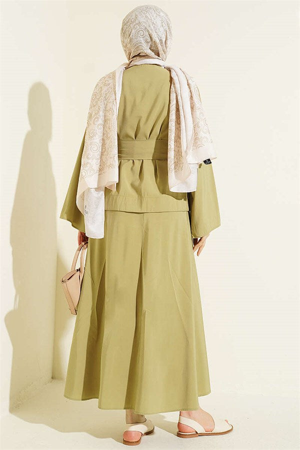 Tencel Skirt 2 Piece Set with Double Gold Buttons, Olive Green
