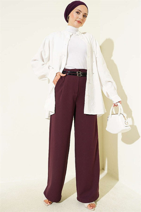 Double Thin Belt Wide Leg Trousers Plum