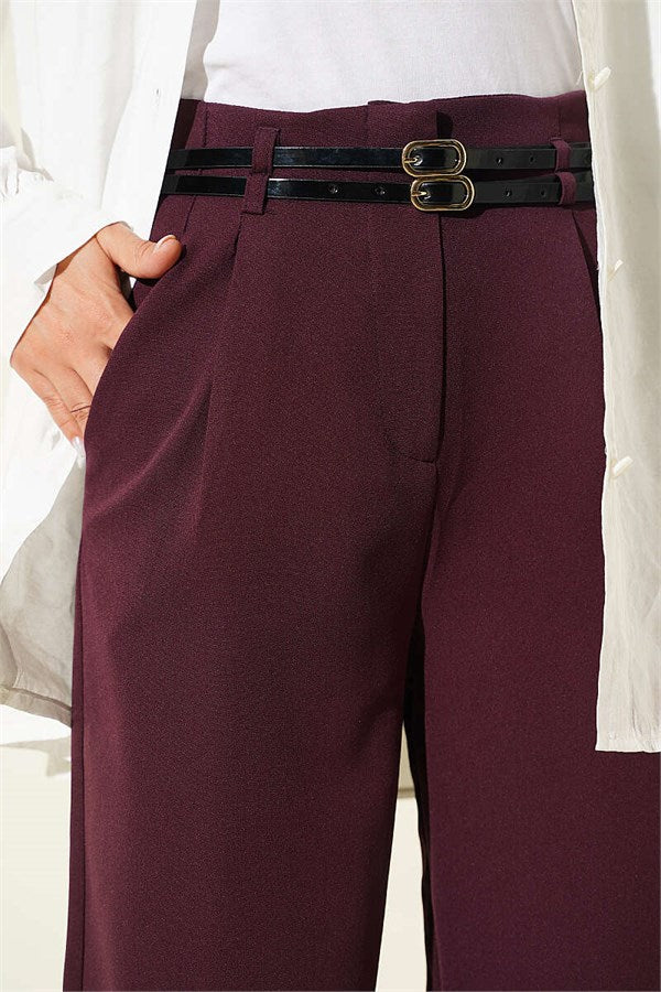 Double Thin Belt Wide Leg Trousers Plum