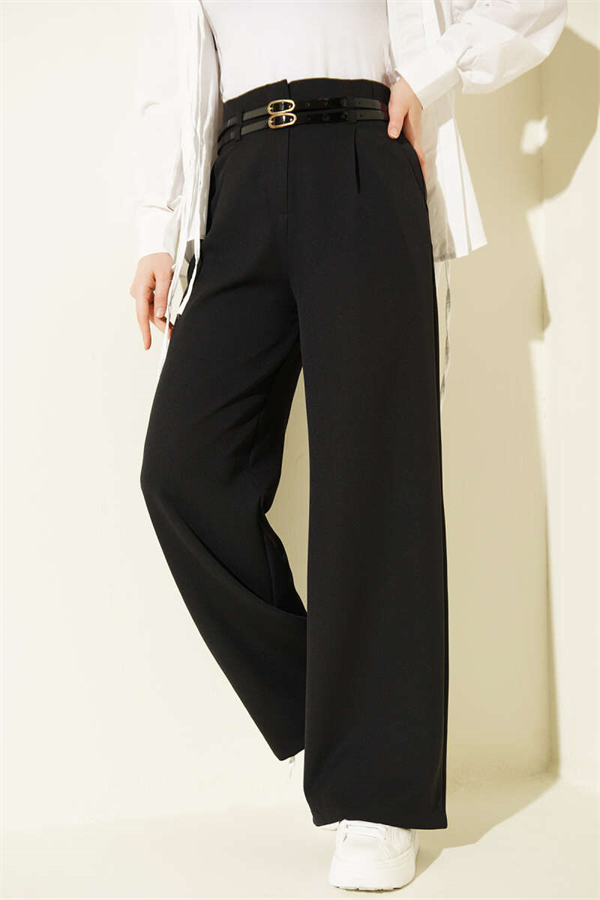 Double Thin Belt Wide Leg Trousers Black