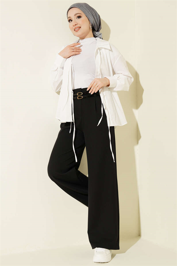 Double Thin Belt Wide Leg Trousers Black