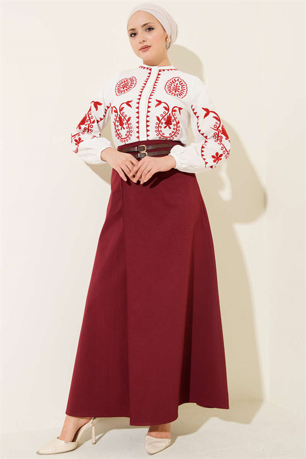 Double Belt Detail Skirt Burgundy