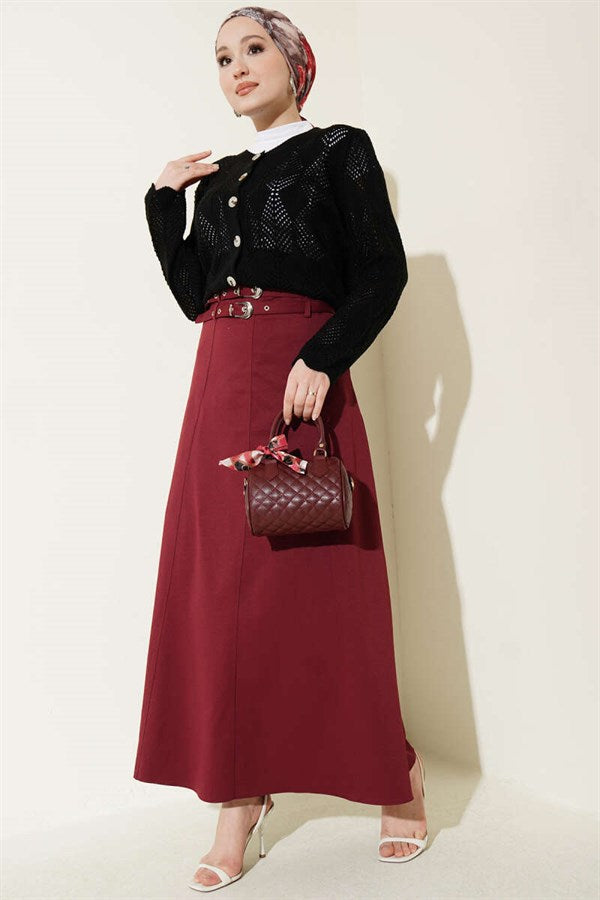 Double-Sequined Skirt with Stitching Detail, Burgundy