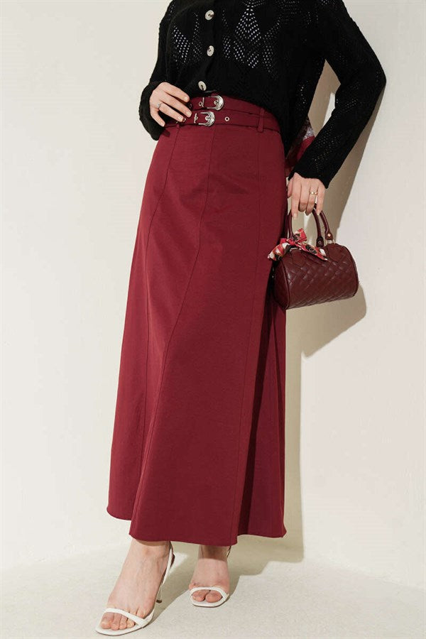 Double-Sequined Skirt with Stitching Detail, Burgundy