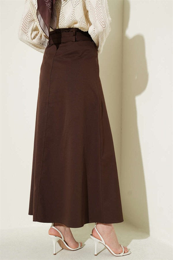 Double-Seam Stitch Detail Skirt, Brown