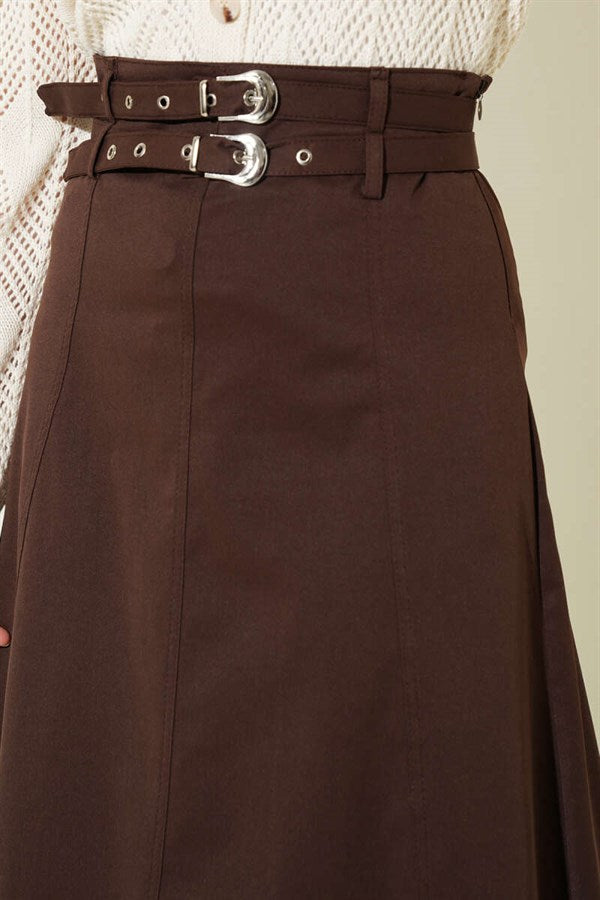 Double-Seam Stitch Detail Skirt, Brown