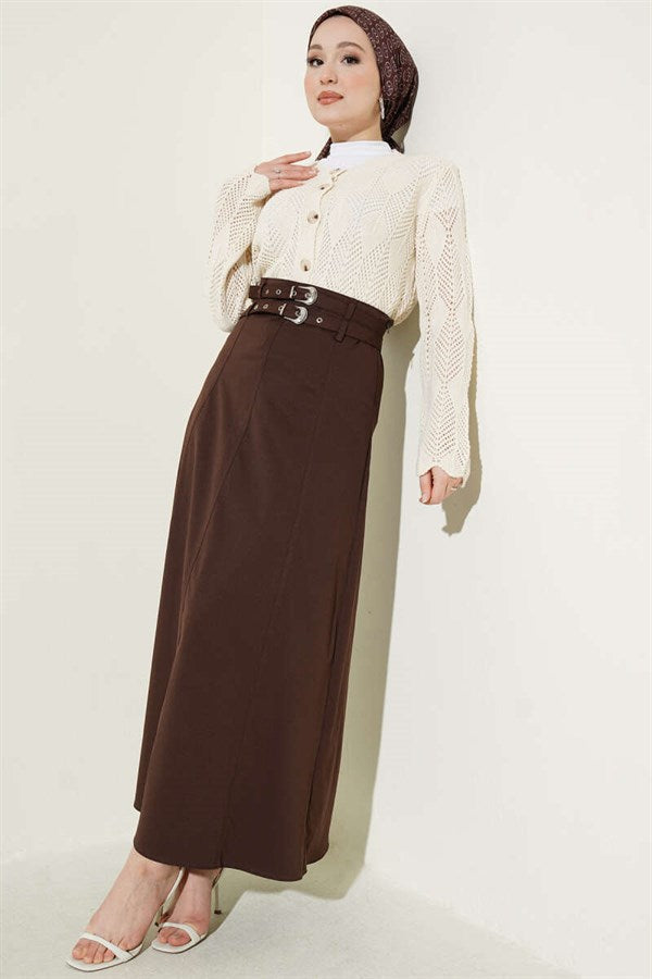 Double-Seam Stitch Detail Skirt, Brown
