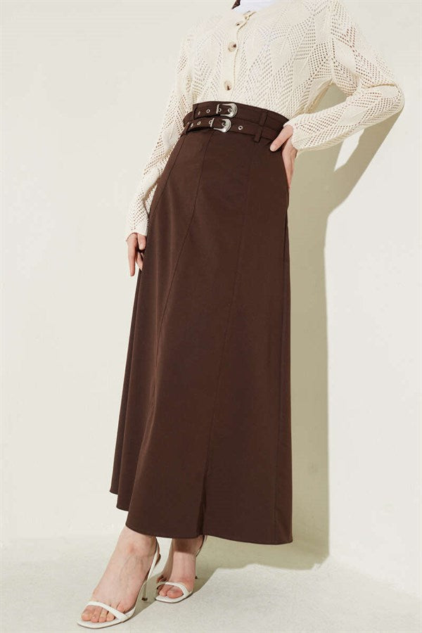 Double-Seam Stitch Detail Skirt, Brown