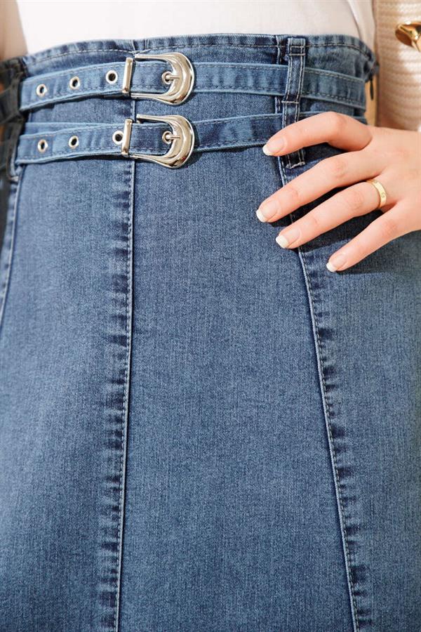 Double Belted Denim Skirt, Denim Skirt Blue