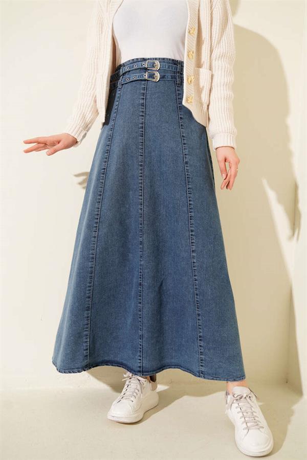 Double Belted Denim Skirt, Denim Skirt Blue