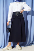 Double-belted dart-detailed flared skirt, navy blue.