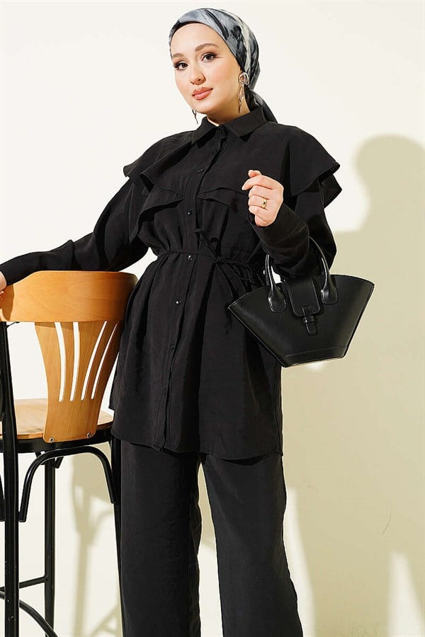 Double Cape Detail Modal 2 Piece Set Black