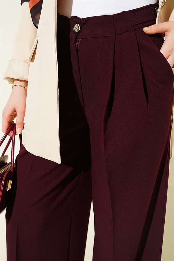 Double Pleated Buttoned Fabric Trousers, Burgundy