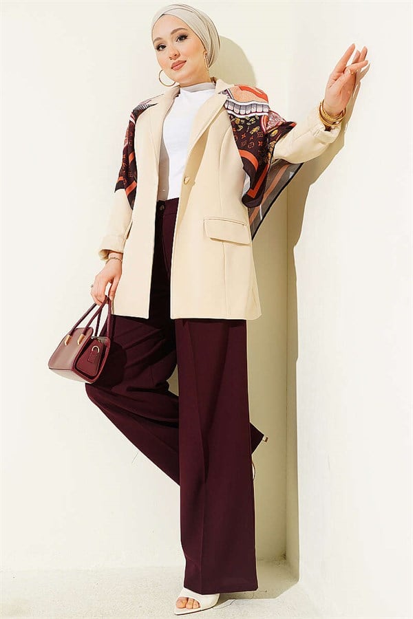 Double Pleated Buttoned Fabric Trousers, Burgundy