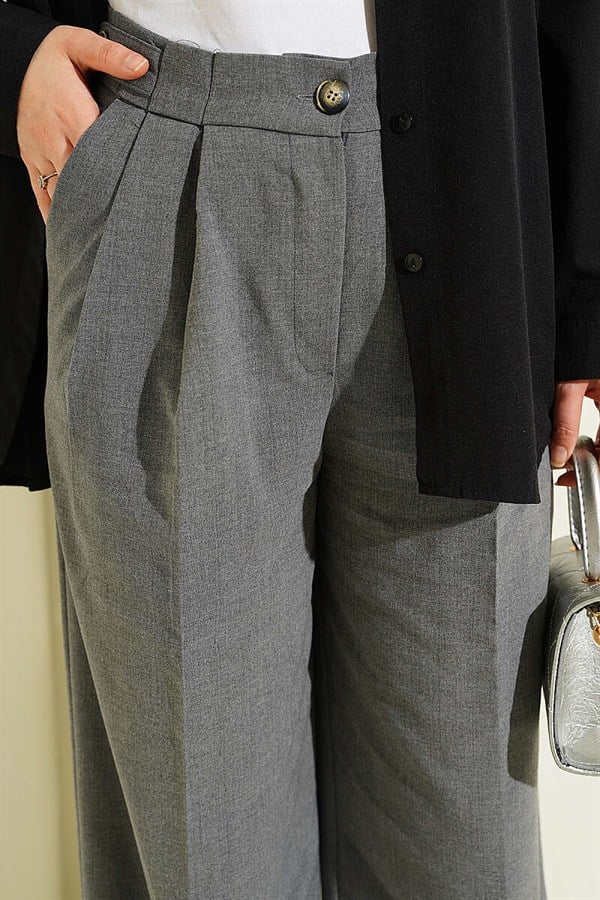 Double Pleated Buttoned Fabric Trousers, Smoke Grey