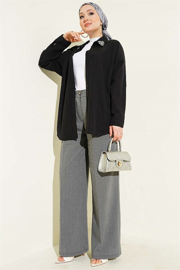 Double Pleated Buttoned Fabric Trousers, Smoke Grey