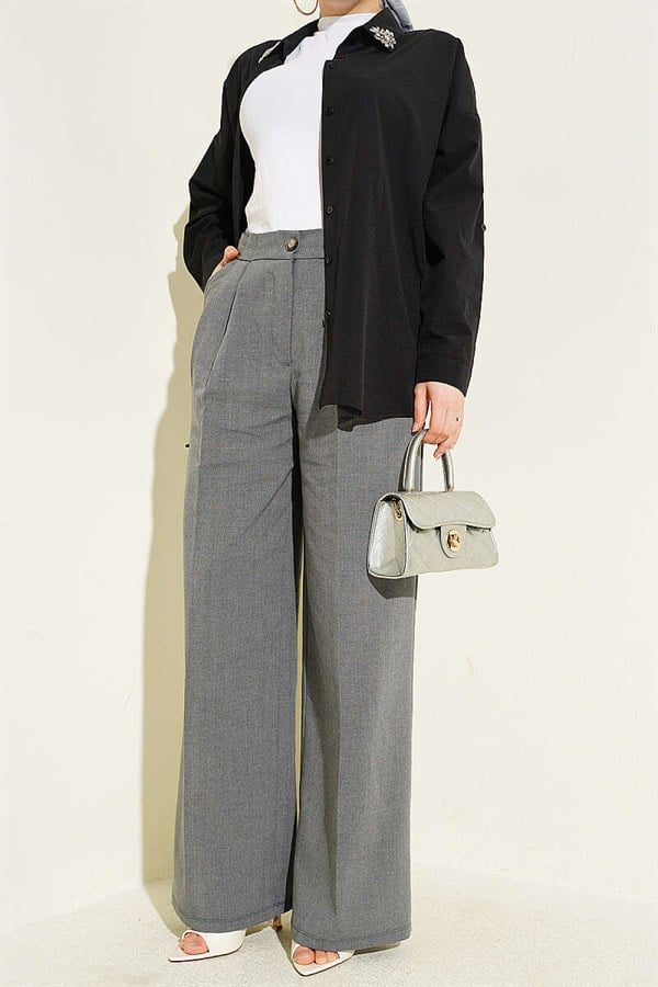 Double Pleated Buttoned Fabric Trousers, Smoke Grey
