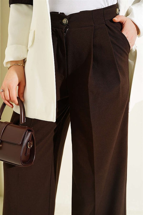 Double Pleated Buttoned Fabric Trousers, Brown