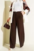 Double Pleated Buttoned Fabric Trousers, Brown