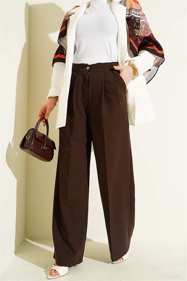 Double Pleated Buttoned Fabric Trousers, Brown