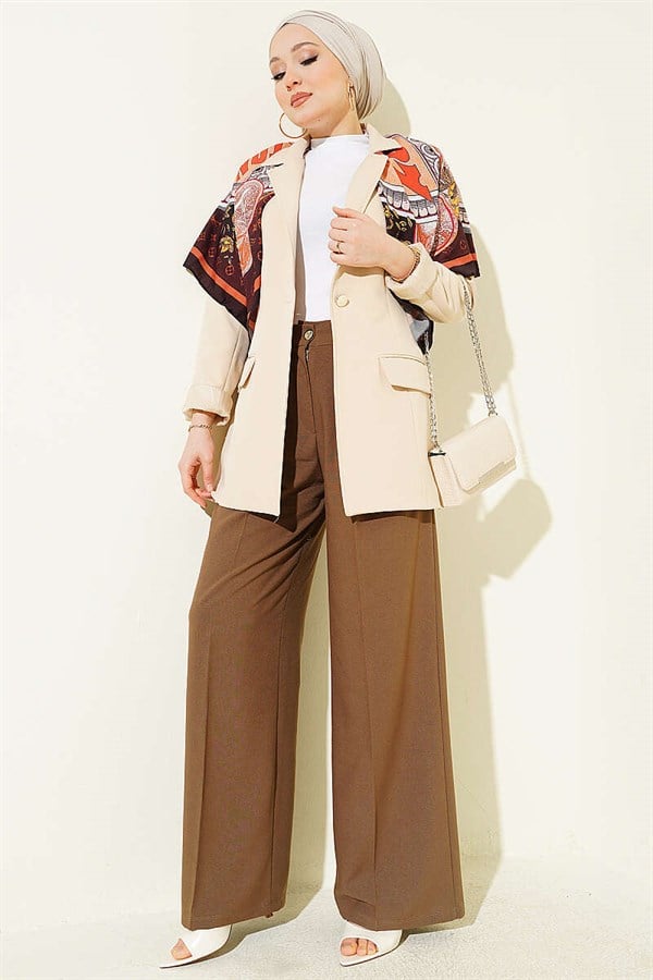 Double Pleated Buttoned Fabric Trousers, Mink
