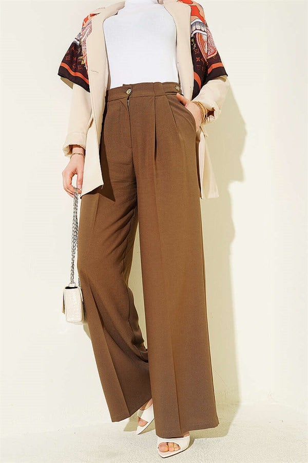 Double Pleated Buttoned Fabric Trousers, Mink