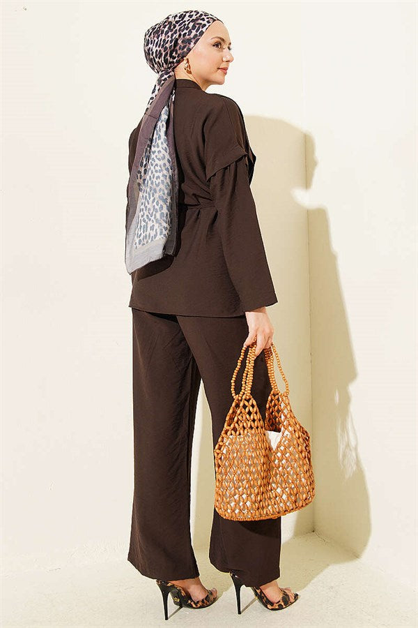 Double Pleated Mandarin Collar 2 Piece Set in Dark Brown