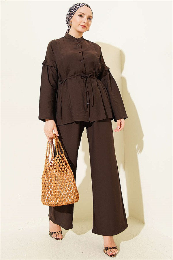 Double Pleated Mandarin Collar 2 Piece Set in Dark Brown