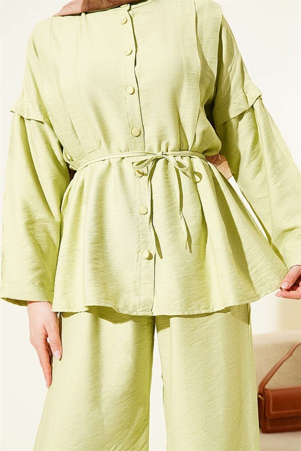 Double Pleated Mandarin Collar 2 Piece Set in Light Green