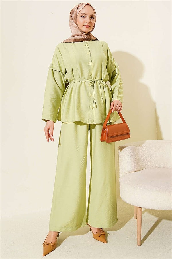 Double Pleated Mandarin Collar 2 Piece Set in Light Green