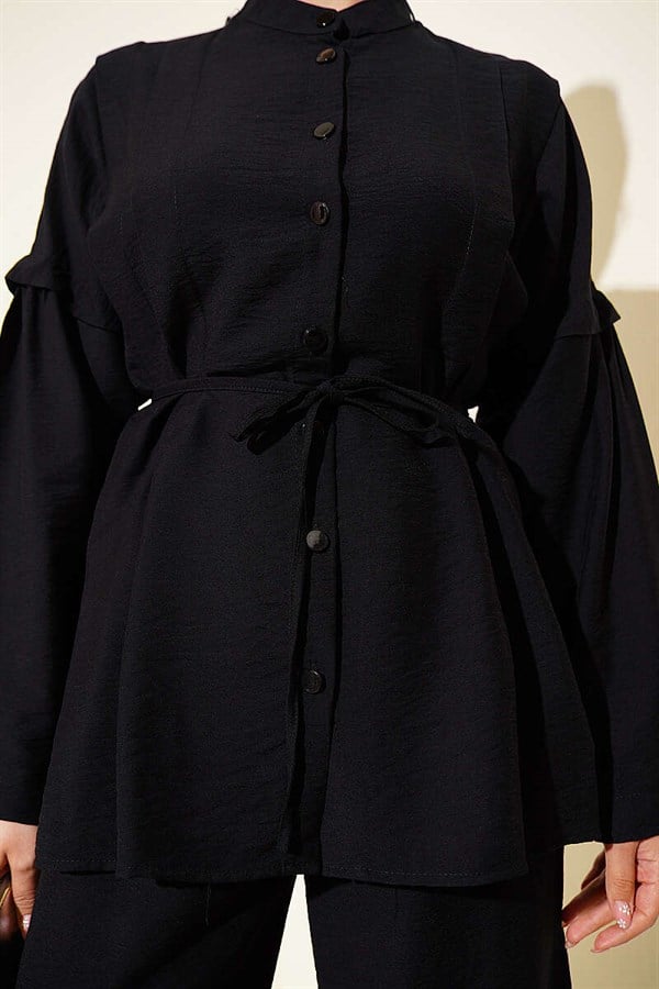 Double Pleated Mandarin Collar 2 Piece Set, Black