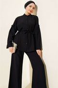 Double Pleated Mandarin Collar 2 Piece Set, Black