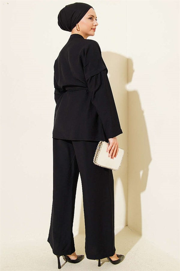 Double Pleated Mandarin Collar 2 Piece Set, Black