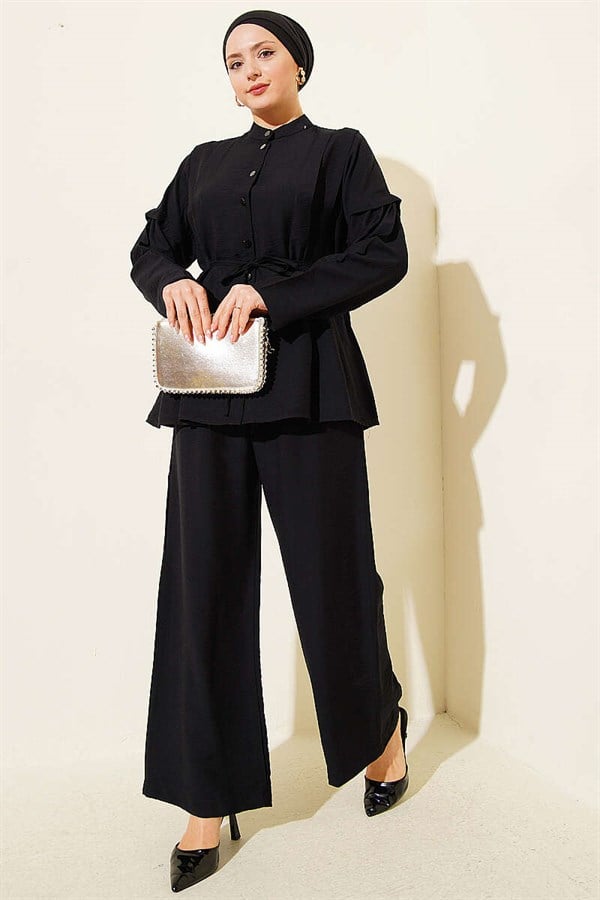 Double Pleated Mandarin Collar 2 Piece Set, Black