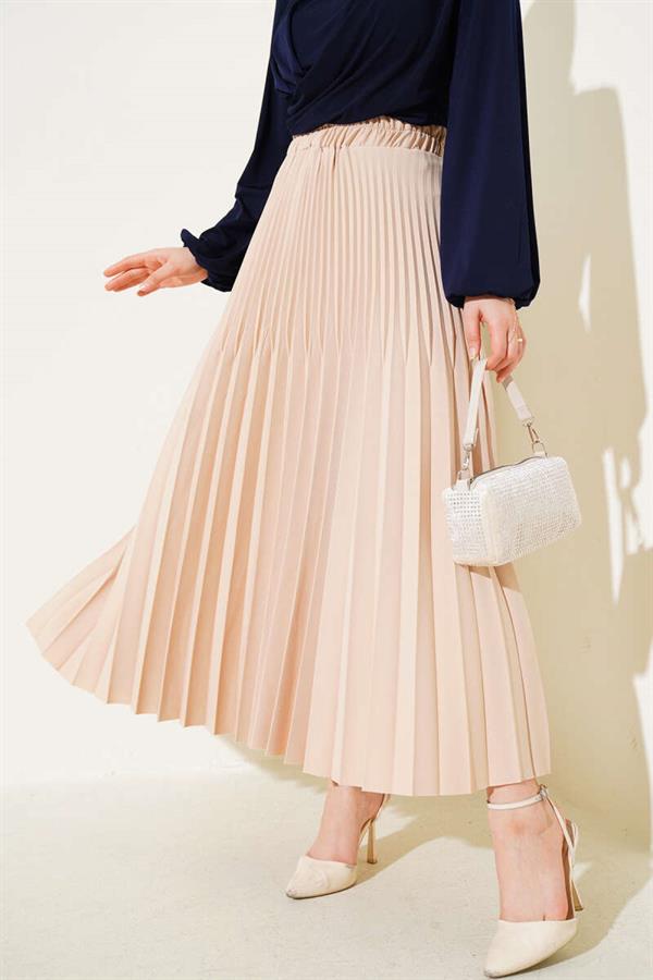 Double Pleated Elastic Waist Skirt Beige