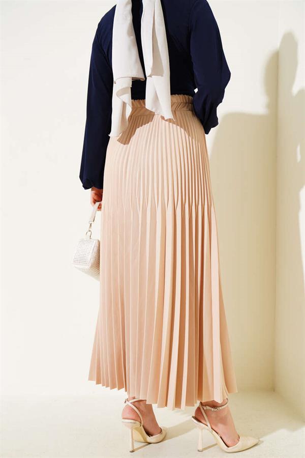 Double Pleated Elastic Waist Skirt Beige