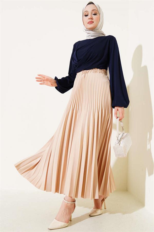 Double Pleated Elastic Waist Skirt Beige