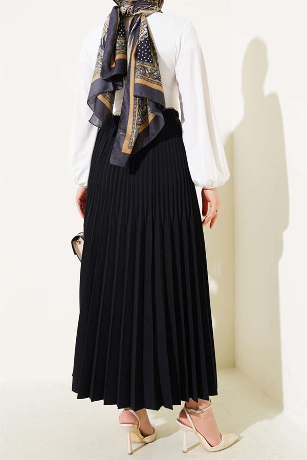 Double Pleated Skirt with Elastic Waistband, Black