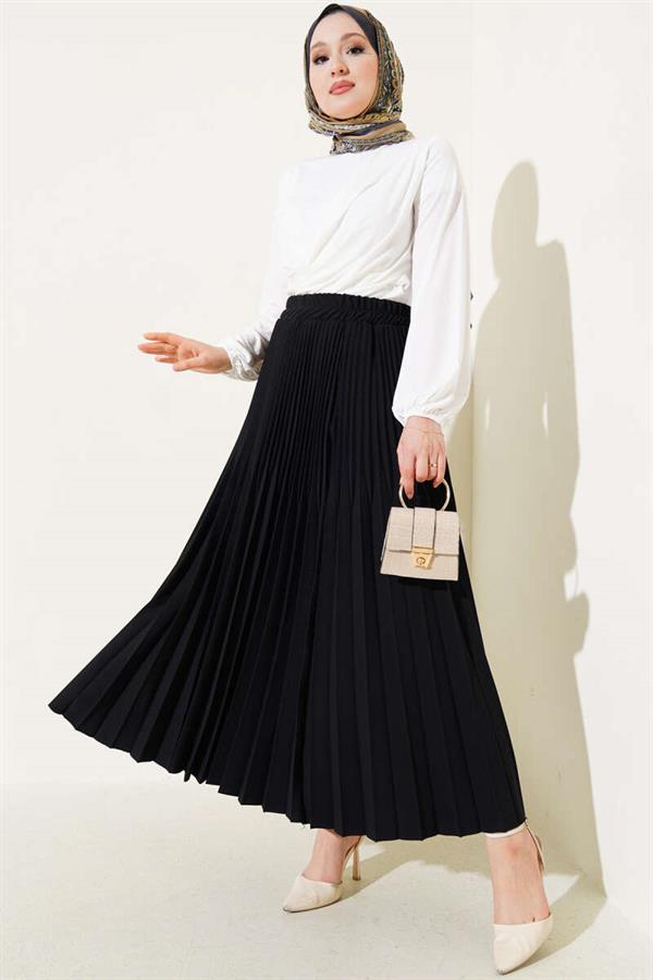 Double Pleated Skirt with Elastic Waistband, Black