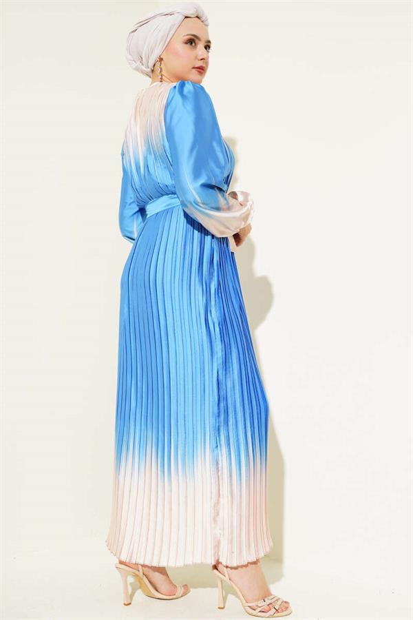 Two-Tone Pleated Satin Dress Indigo