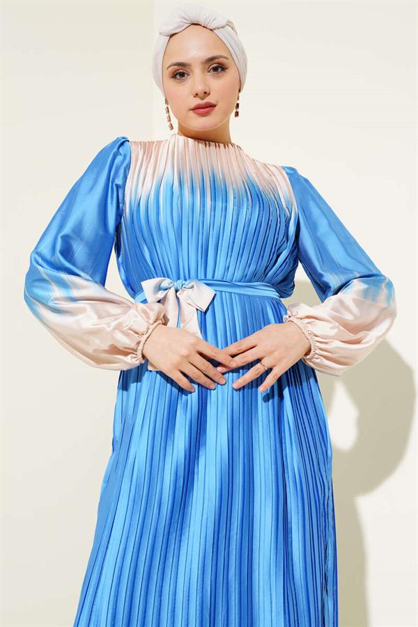 Two-Tone Pleated Satin Dress Indigo