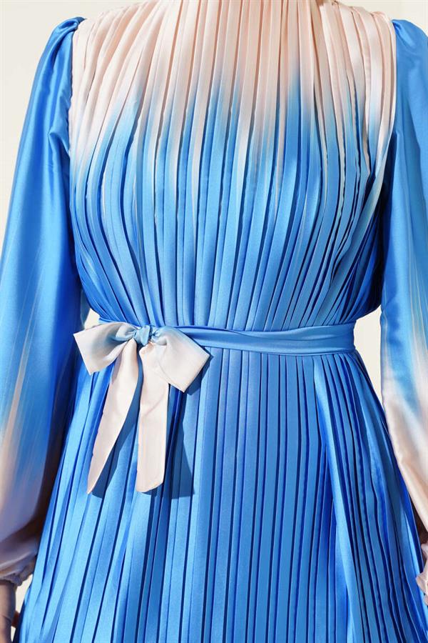 Two-Tone Pleated Satin Dress Indigo