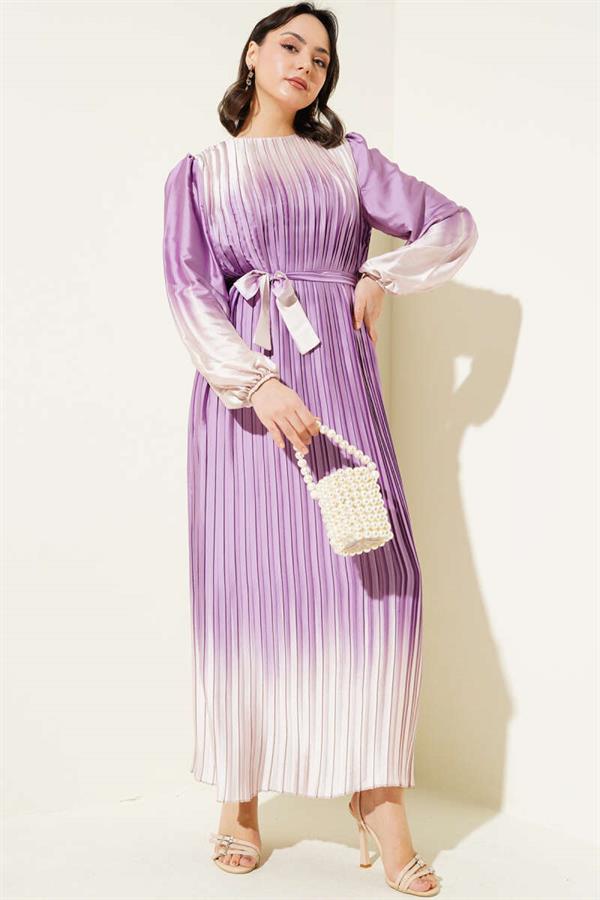 Two-Tone Pleated Satin Dress Lilac