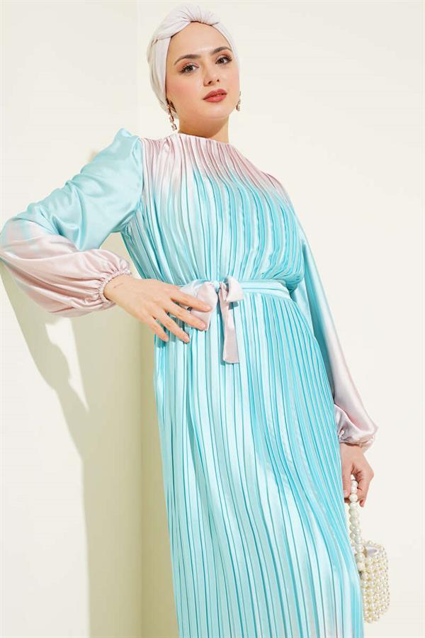Two-Tone Pleated Satin Dress Mint
