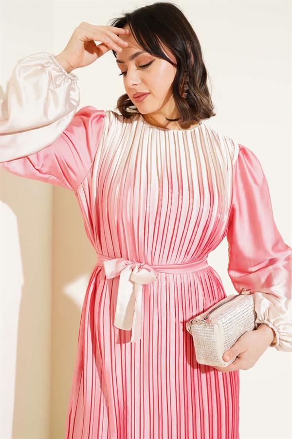 Two-Tone Pleated Satin Dress Powder