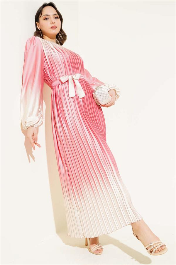 Two-Tone Pleated Satin Dress Powder