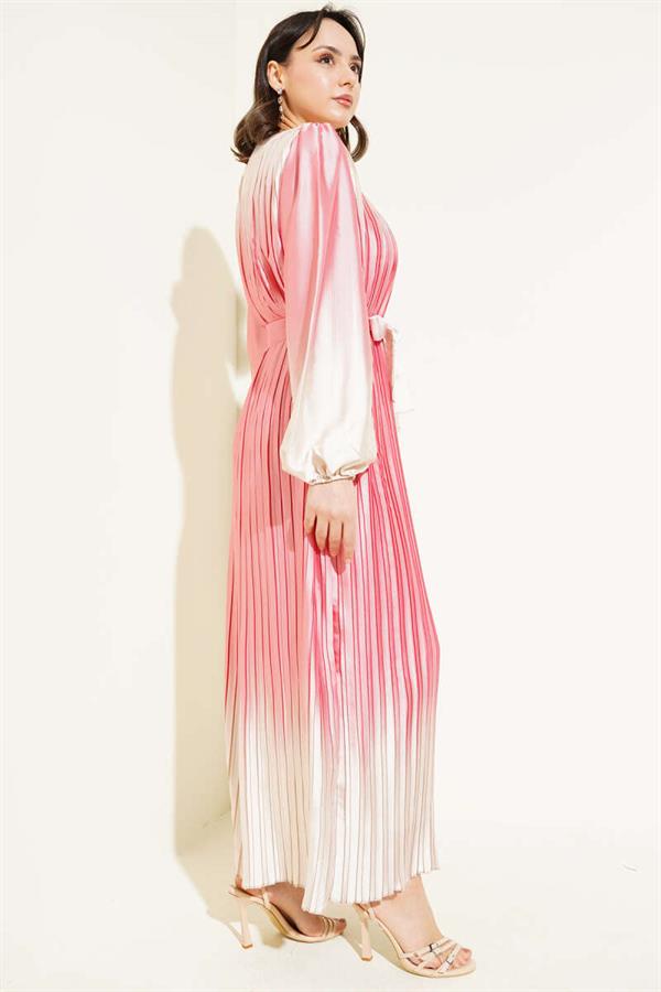 Two-Tone Pleated Satin Dress Powder