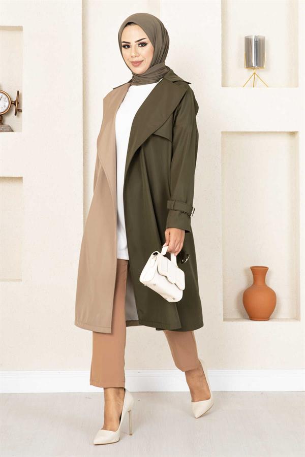 Two-Tone Trench Coat 100MD-10016 Khaki